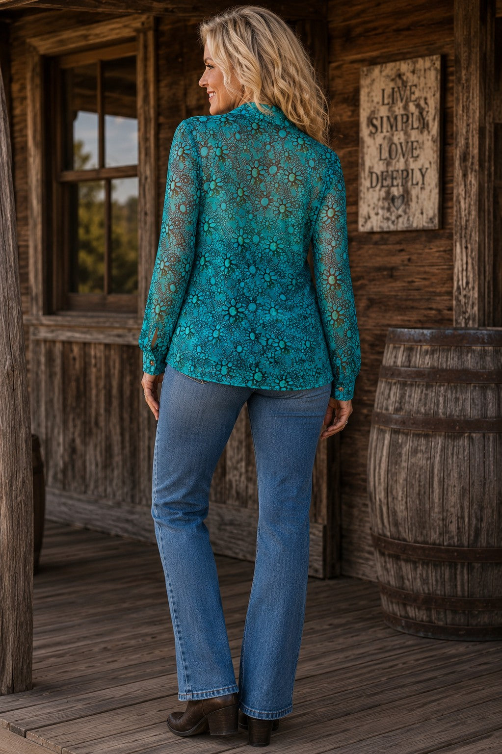 W.A.Y Wonderful & Young Turquoise Mesa Mesh Button Front Blouse-Tops-WAY-Deja Nu Boutique, Women's Fashion Boutique in Lampasas, Texas