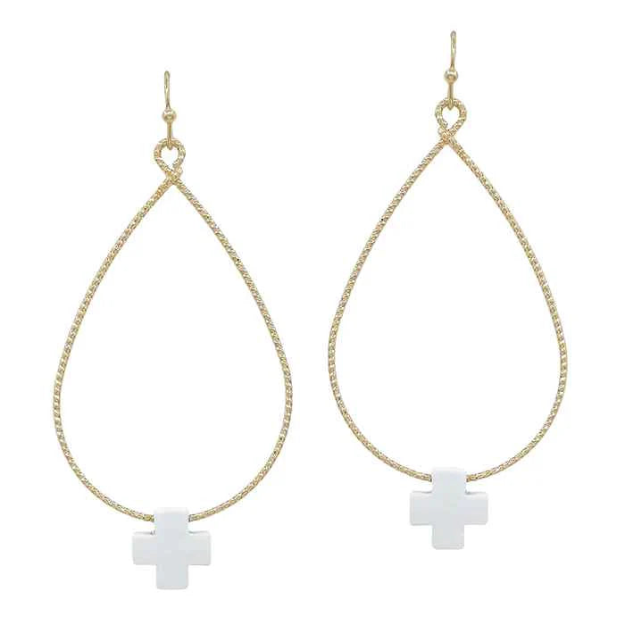 Water-Resistant Teardrop Hoop Earrings with Cross Charm-Earrings-Deja Nu Tx-Deja Nu Boutique, Women's Fashion Boutique in Lampasas, Texas