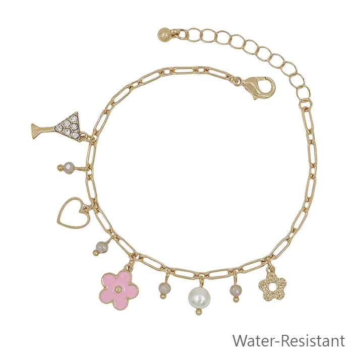 Water-Resistant Pink Flower, Pearl and Multi-Charm Gold Bracelet – Pool and Beach Ready-Bracelets-Deja Nu Tx-Deja Nu Boutique, Women's Fashion Boutique in Lampasas, Texas