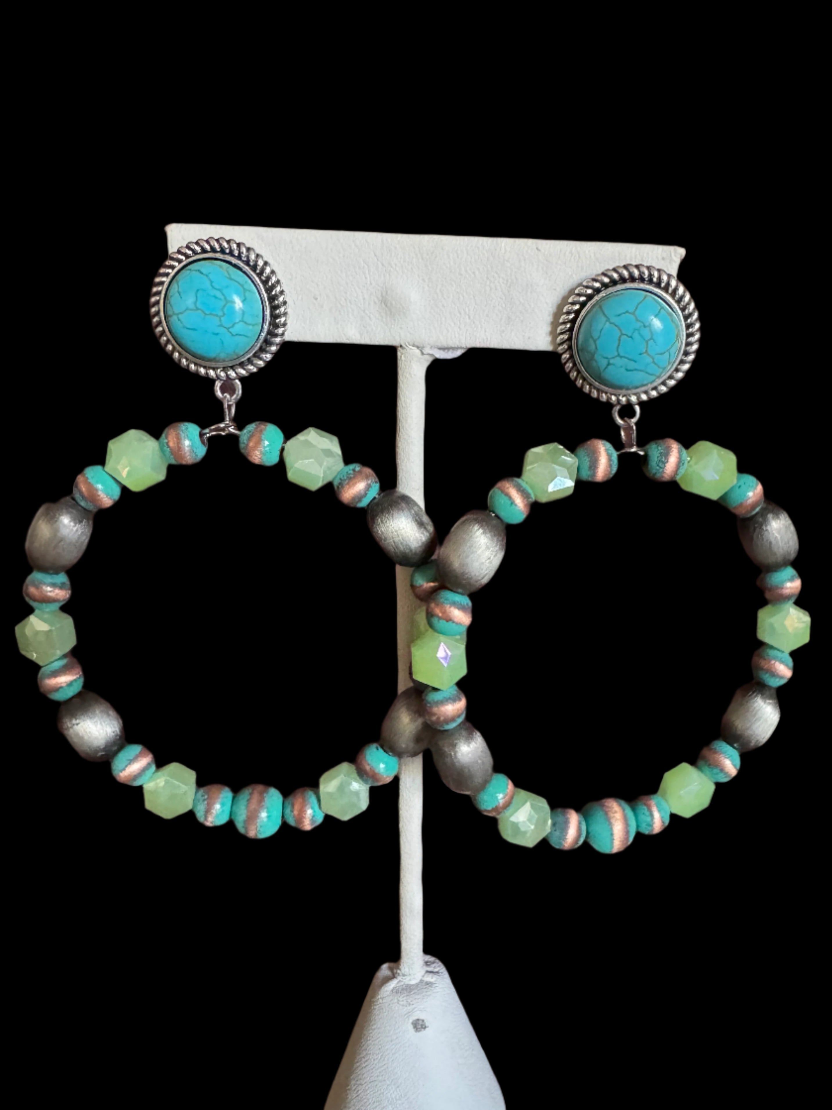 Western Beaded Hoop Earrings with Turquoise Stud – Green or Purple Mix-Earrings-Deja Nu Tx-Deja Nu Boutique, Women's Fashion Boutique in Lampasas, Texas
