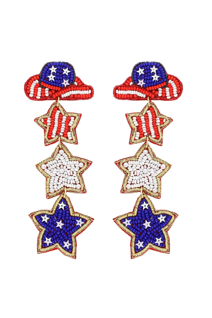 Western Cowboy Hat USA Flag Patriotic Star Beaded Dangle Earrings-Earrings-Deja Nu Tx-Deja Nu Boutique, Women's Fashion Boutique in Lampasas, Texas