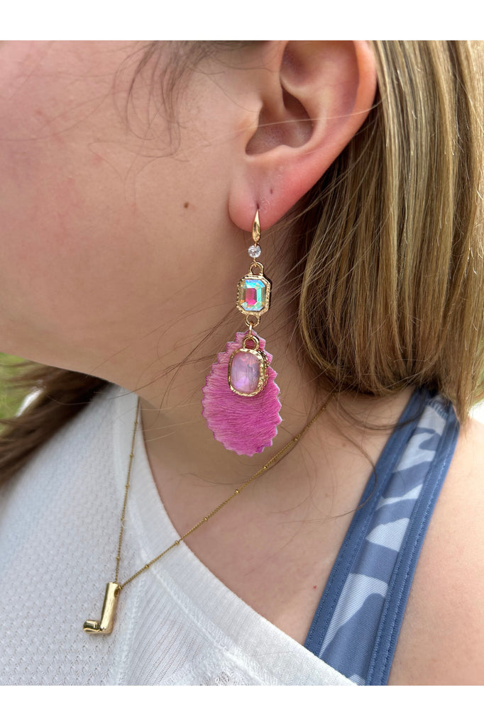 Western Glamour: AB Crystal Rhinestone Drop Earrings With Hot Pink Faux Cowhide And Pink Crystal Charm In Gold-Earrings-Deja Nu-Deja Nu Boutique, Women's Fashion Boutique in Lampasas, Texas