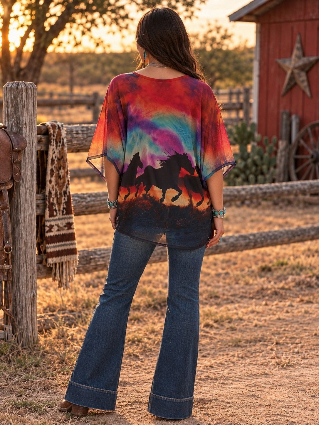 W.A.Y Wonderful & Young Printed Mesh Horse Poncho-poncho-WAY-Deja Nu Boutique, Women's Fashion Boutique in Lampasas, Texas