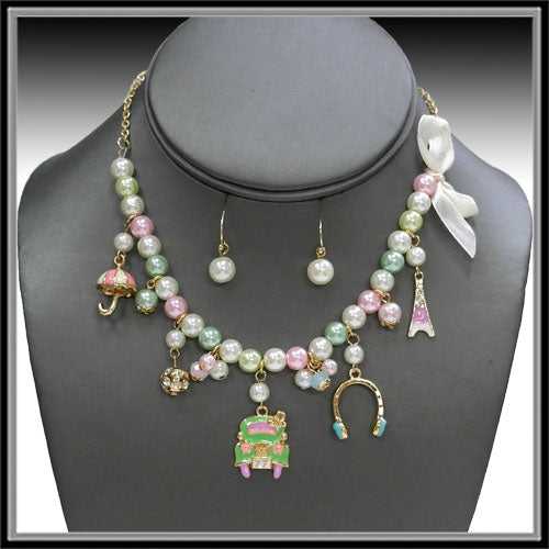 Whimsical Elegance: Colored Pearl Novelty Necklace With Charms, Matching Earrings And Bracelet Set-Kids Necklace Set-Deja Nu-Deja Nu Boutique, Women's Fashion Boutique in Lampasas, Texas