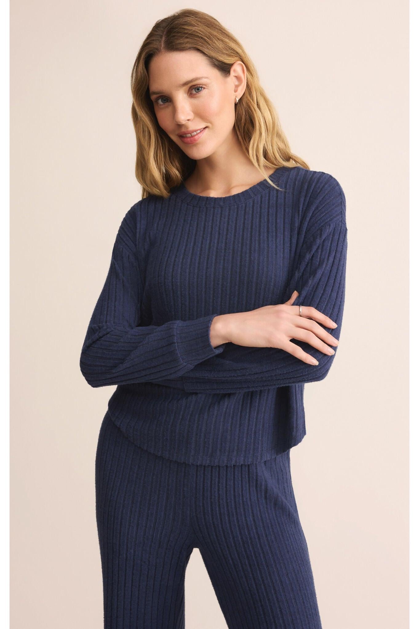 Z Supply Lounge Elfie Rib Long Sleeve Top in Blue Sapphire-Tops-Z Supply Lounge-Deja Nu Boutique, Women's Fashion Boutique in Lampasas, Texas