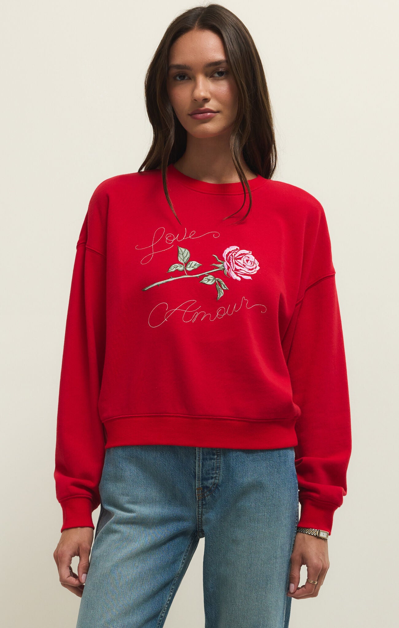 Z SUPPLY First Date Sweatshirt in Kiss Me Red (ZT261450)-sweatshirt-Z Supply-Deja Nu Boutique, Women's Fashion Boutique in Lampasas, Texas
