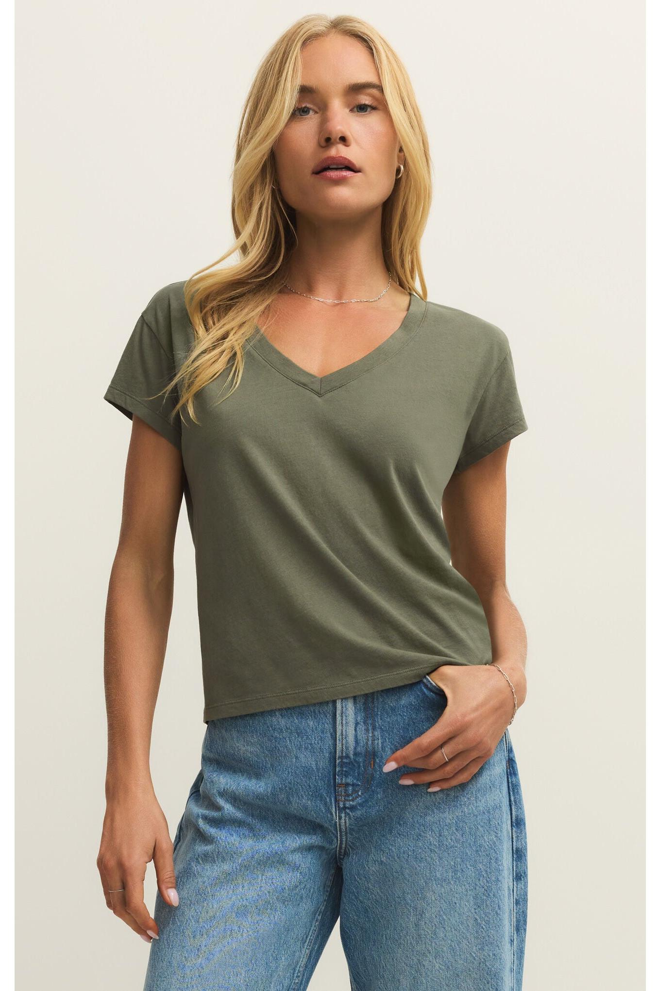 Z SUPPLY Modern V-Neck Tee in Tea Leaf (ZT261577)-Tops-Z Supply-Deja Nu Boutique, Women's Fashion Boutique in Lampasas, Texas