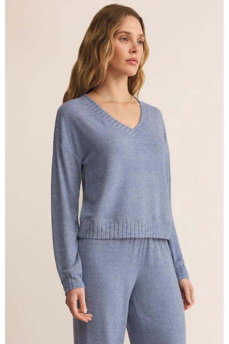 Z Supply Lounge Courtney Long Sleeve Top in Blue Velvet-Tops-Z Supply Lounge-Deja Nu Boutique, Women's Fashion Boutique in Lampasas, Texas