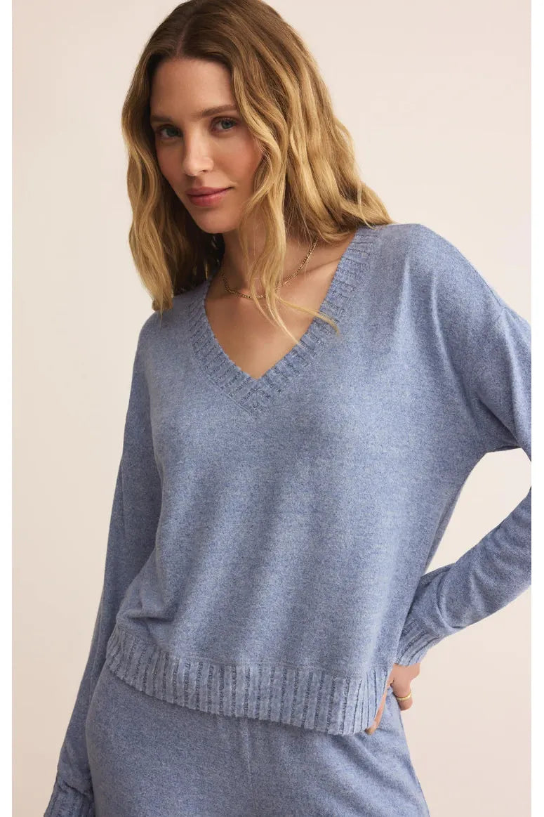 Z Supply Lounge Courtney Long Sleeve Top in Blue Velvet-Tops-Z Supply Lounge-Deja Nu Boutique, Women's Fashion Boutique in Lampasas, Texas