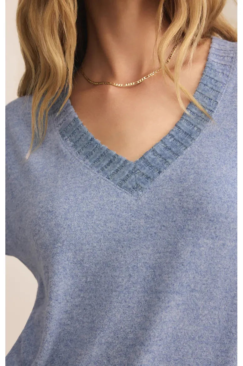 Z Supply Lounge Courtney Long Sleeve Top in Blue Velvet-Tops-Z Supply Lounge-Deja Nu Boutique, Women's Fashion Boutique in Lampasas, Texas