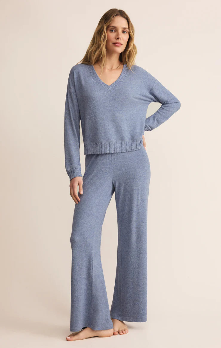 Z Supply Lounge Dawn Smocked Pant in Blue Velvet-Bottoms-Z Supply Lounge-Deja Nu Boutique, Women's Fashion Boutique in Lampasas, Texas