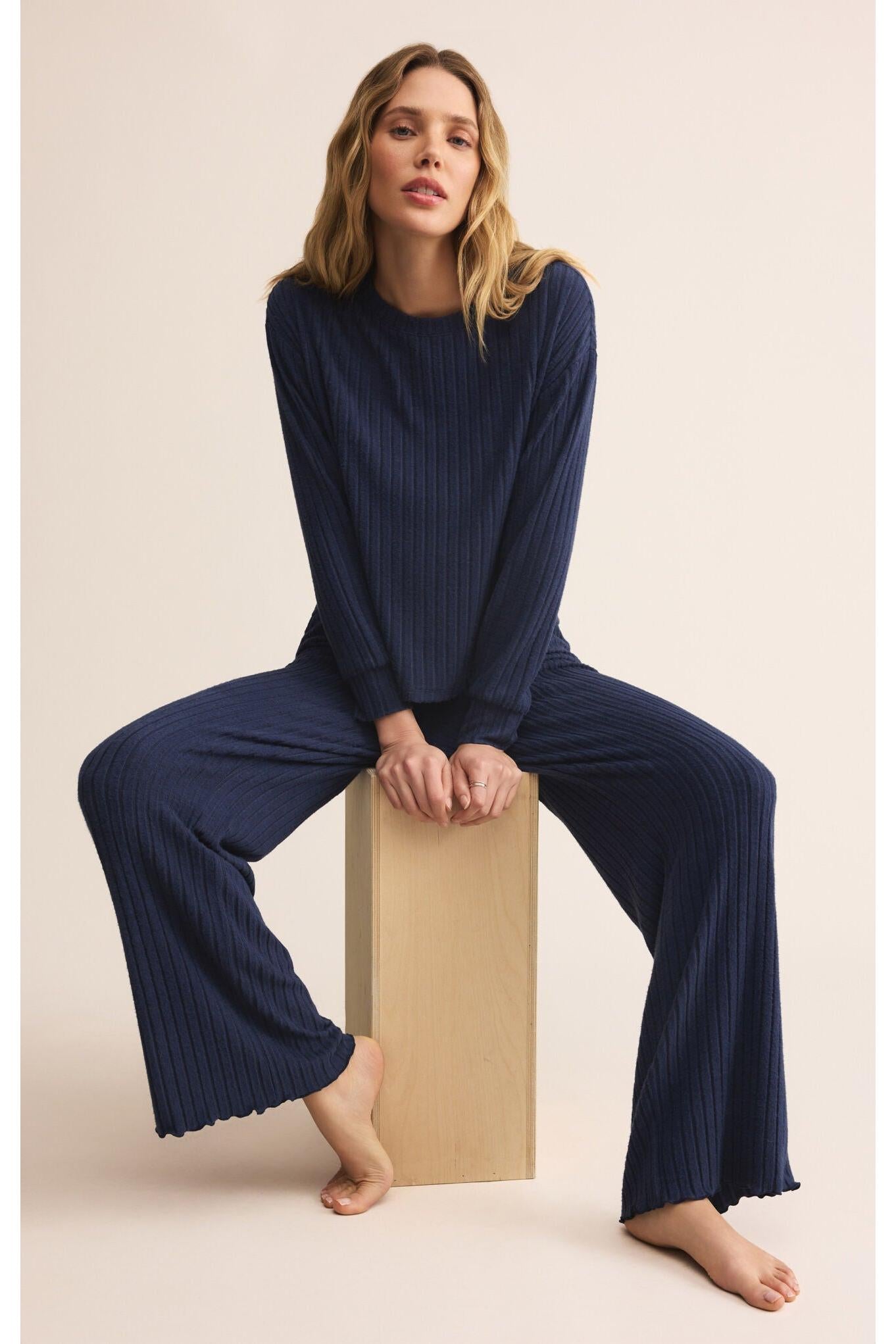 Z Supply Lounge Elfie Rib Long Sleeve Top in Blue Sapphire-Tops-Z Supply Lounge-Deja Nu Boutique, Women's Fashion Boutique in Lampasas, Texas