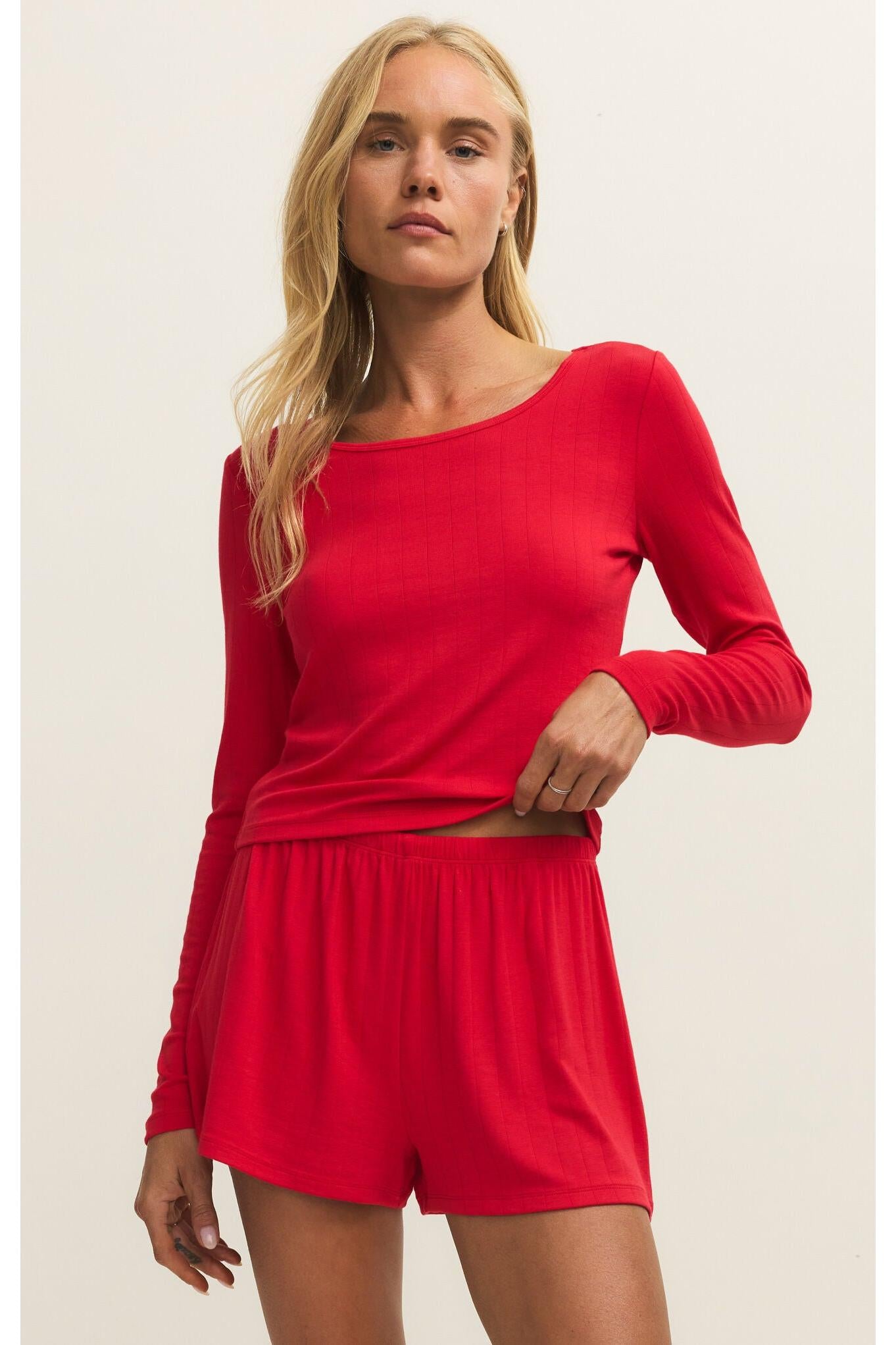 Z Supply Lounge Felt Cute Long Sleeve Rib Top in Kiss Me Red-Tops-Z Supply Lounge-Deja Nu Boutique, Women's Fashion Boutique in Lampasas, Texas