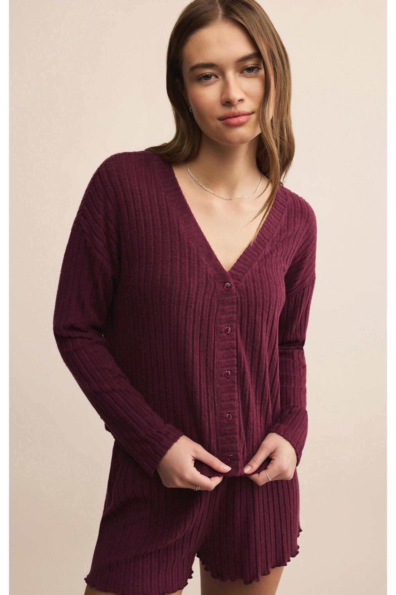Z Supply Lounge Mara Silky Rib Cardigan in Merlot-Tops-Z Supply Lounge-Deja Nu Boutique, Women's Fashion Boutique in Lampasas, Texas