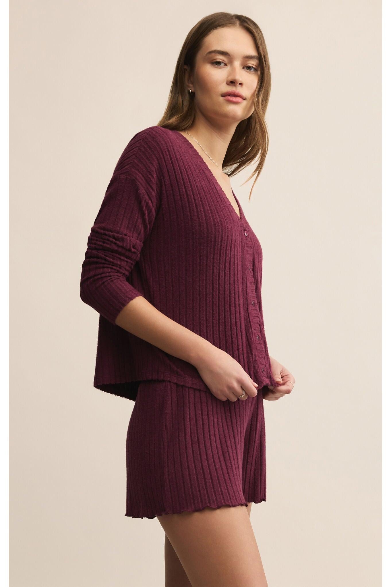 Z Supply Lounge Mara Silky Rib Cardigan in Merlot-Tops-Z Supply Lounge-Deja Nu Boutique, Women's Fashion Boutique in Lampasas, Texas