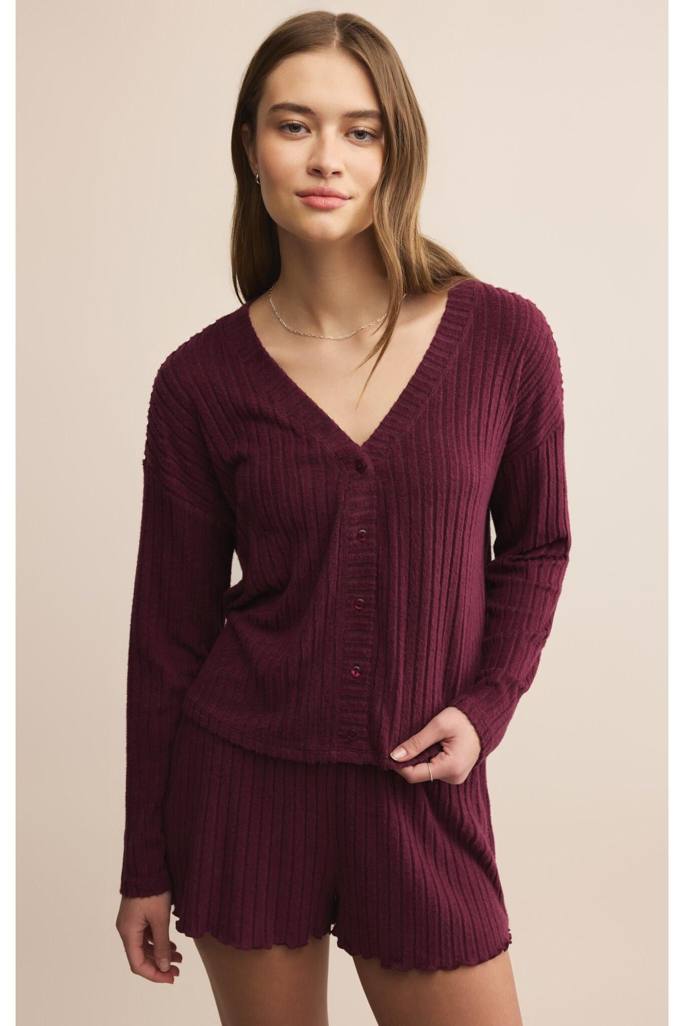 Z Supply Lounge Mara Silky Rib Cardigan in Merlot-Tops-Z Supply Lounge-Deja Nu Boutique, Women's Fashion Boutique in Lampasas, Texas