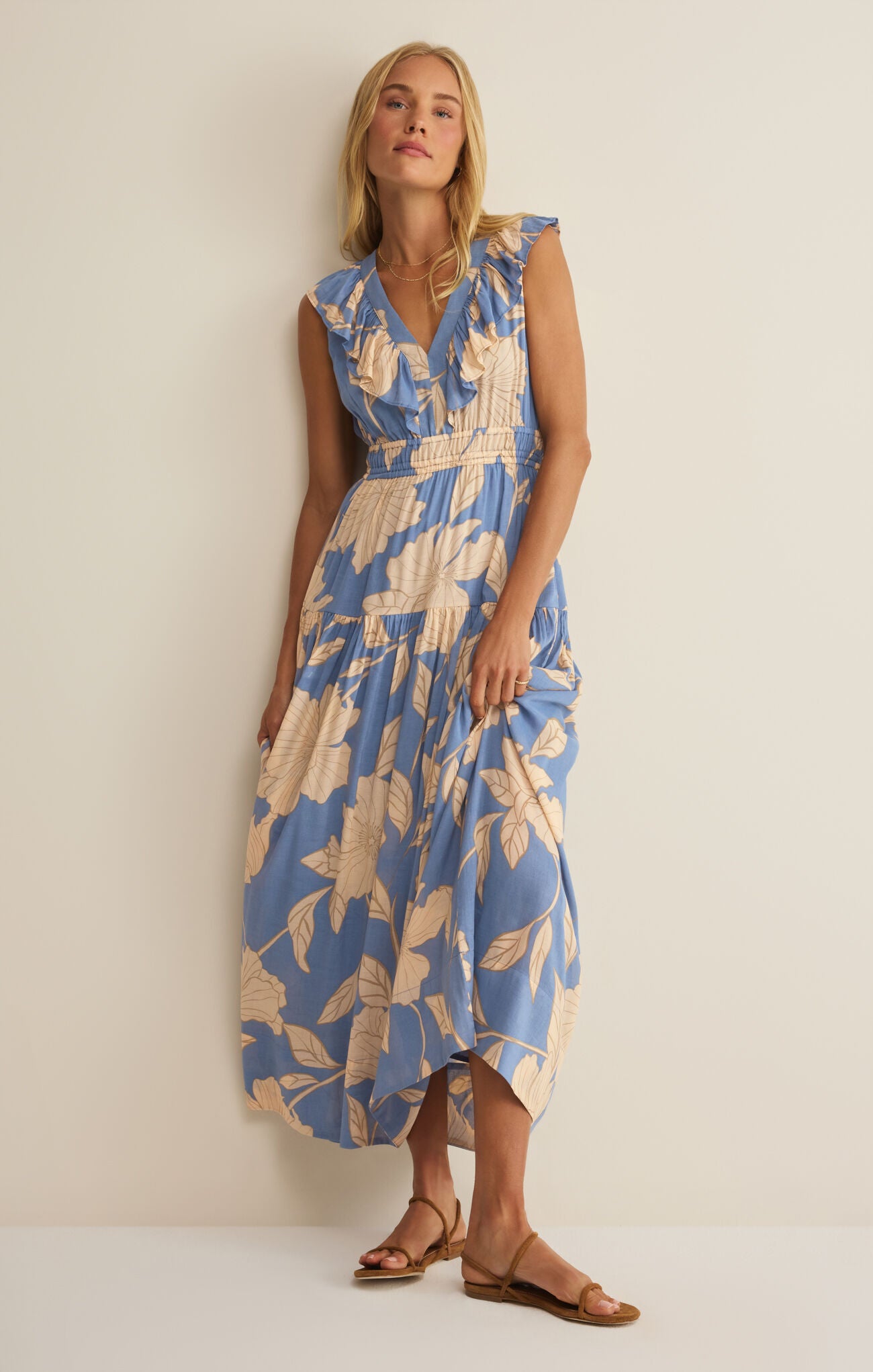 Z Supply Malene Bloom Floral Maxi Dress in Lake Blue-Maxi Dresses-Z Supply-Deja Nu Boutique, Women's Fashion Boutique in Lampasas, Texas