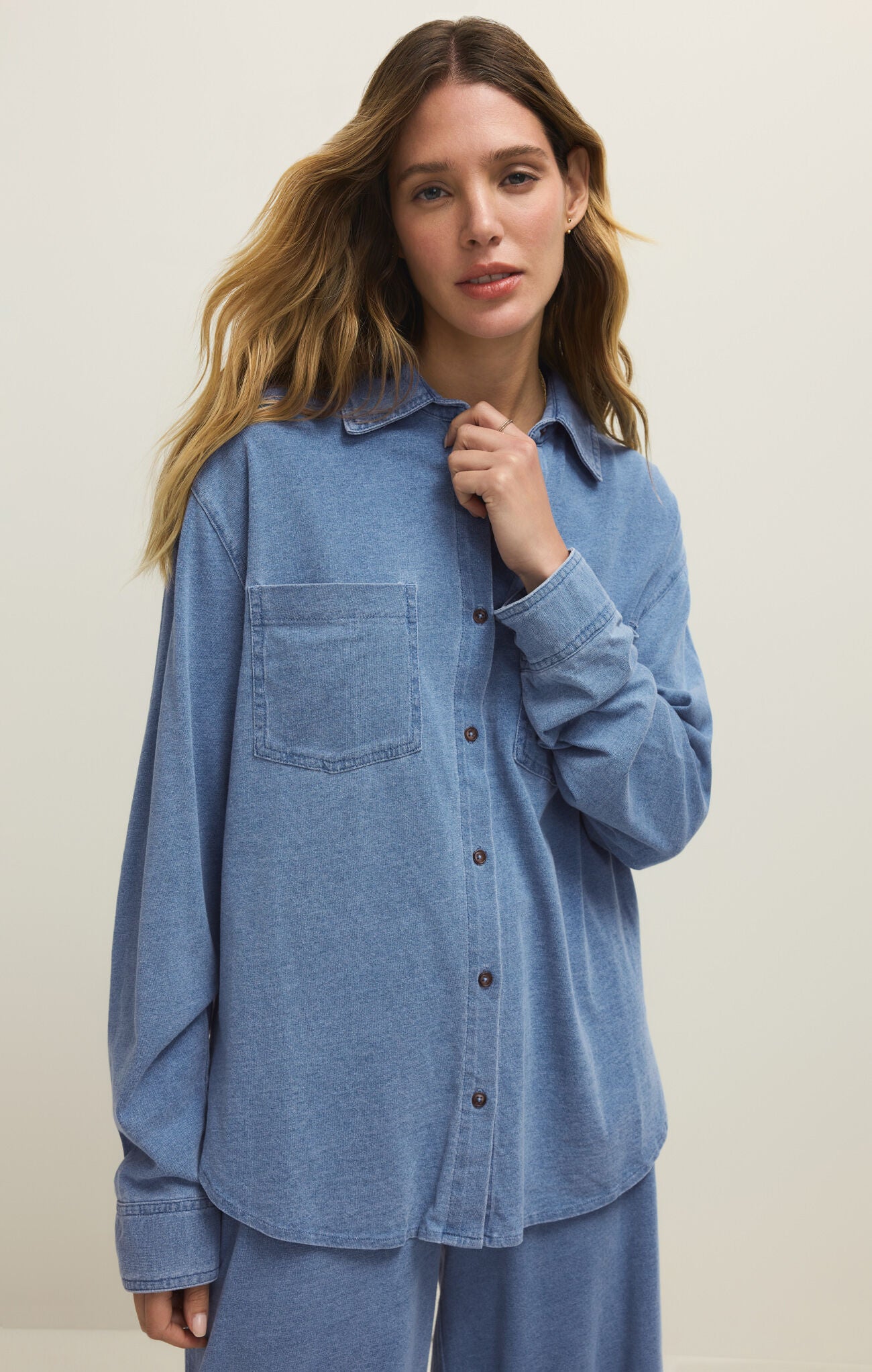 Z Supply Reese Jersey Denim Button Up In Santorini Indigo-shirts-Z Supply-Deja Nu Boutique, Women's Fashion Boutique in Lampasas, Texas