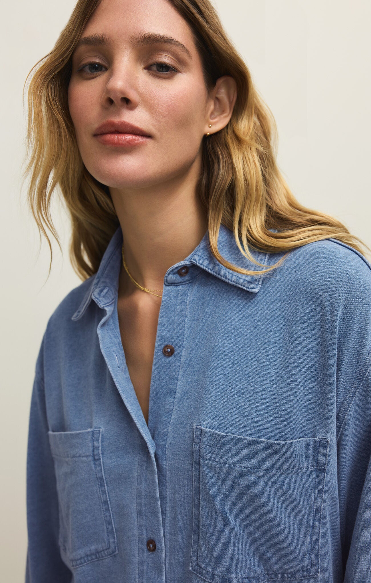 Z Supply Reese Jersey Denim Button Up In Santorini Indigo-shirts-Z Supply-Deja Nu Boutique, Women's Fashion Boutique in Lampasas, Texas