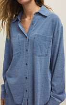 Z Supply Reese Jersey Denim Button Up In Santorini Indigo-shirts-Z Supply-Deja Nu Boutique, Women's Fashion Boutique in Lampasas, Texas