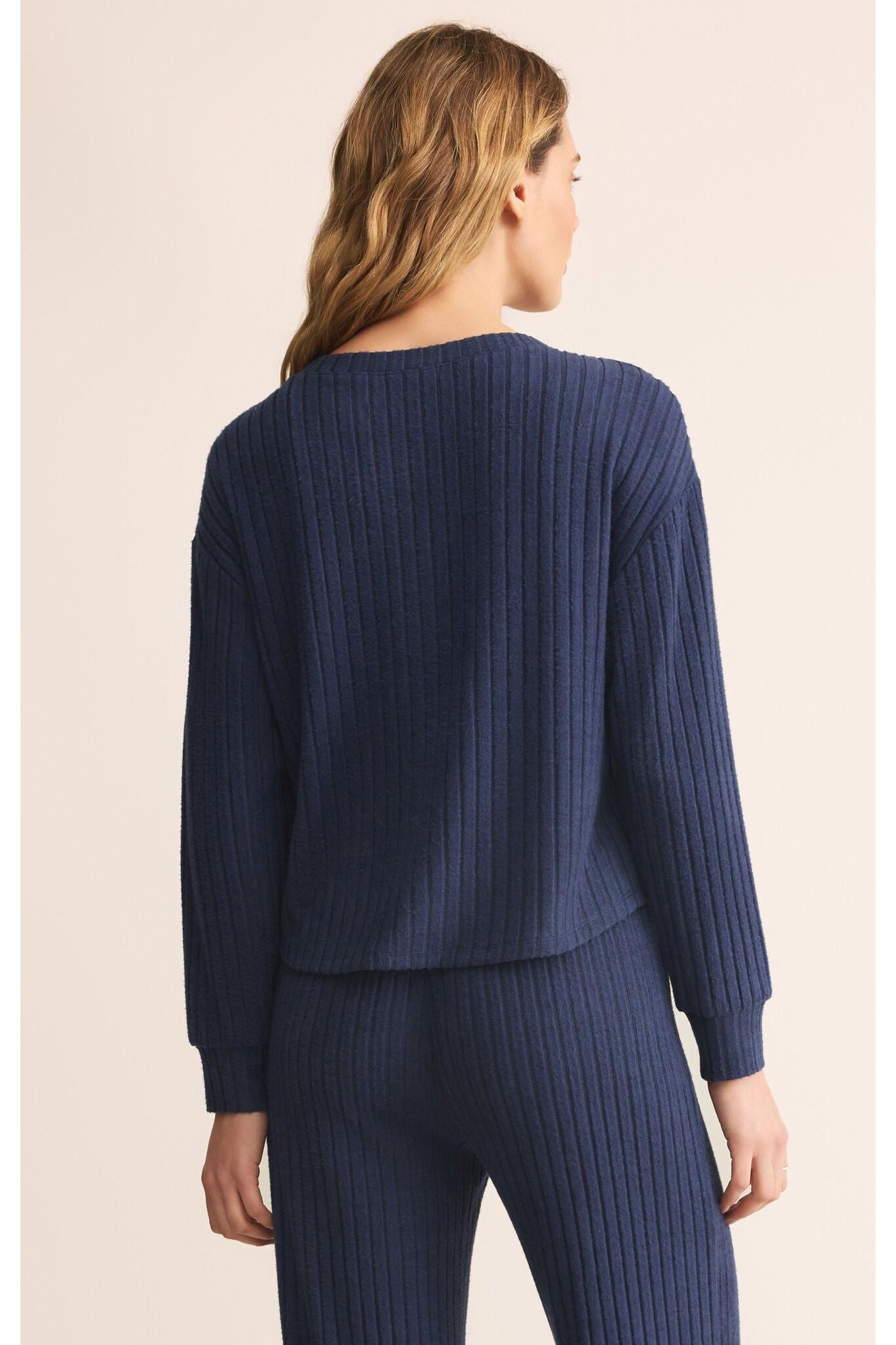 Z Supply Lounge Elfie Rib Long Sleeve Top in Blue Sapphire-Tops-Z Supply Lounge-Deja Nu Boutique, Women's Fashion Boutique in Lampasas, Texas