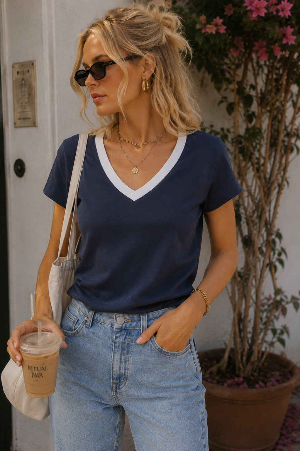 Z Supply Modern Colorblocked V-Neck Tee in Twilight Blue-T-Shirts-Z Supply-Deja Nu Boutique, Women's Fashion Boutique in Lampasas, Texas