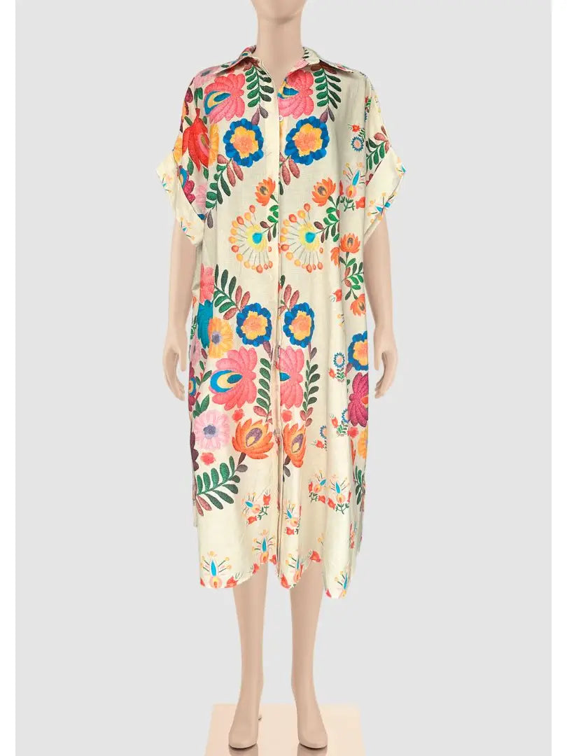 Zenara Woman Freya Multicolor Printed Cotton Shirt Dress with Belt-Midi Dresses-Zenara-Deja Nu Boutique, Women's Fashion Boutique in Lampasas, Texas
