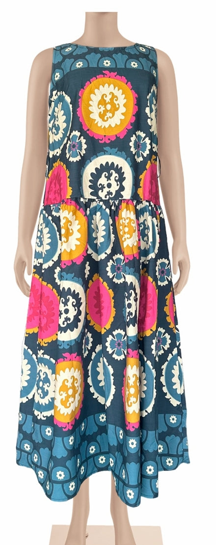 Zenara Woman Navy Multi-Print Belted Tank Dress-dress-Zenara-Deja Nu Boutique, Women's Fashion Boutique in Lampasas, Texas