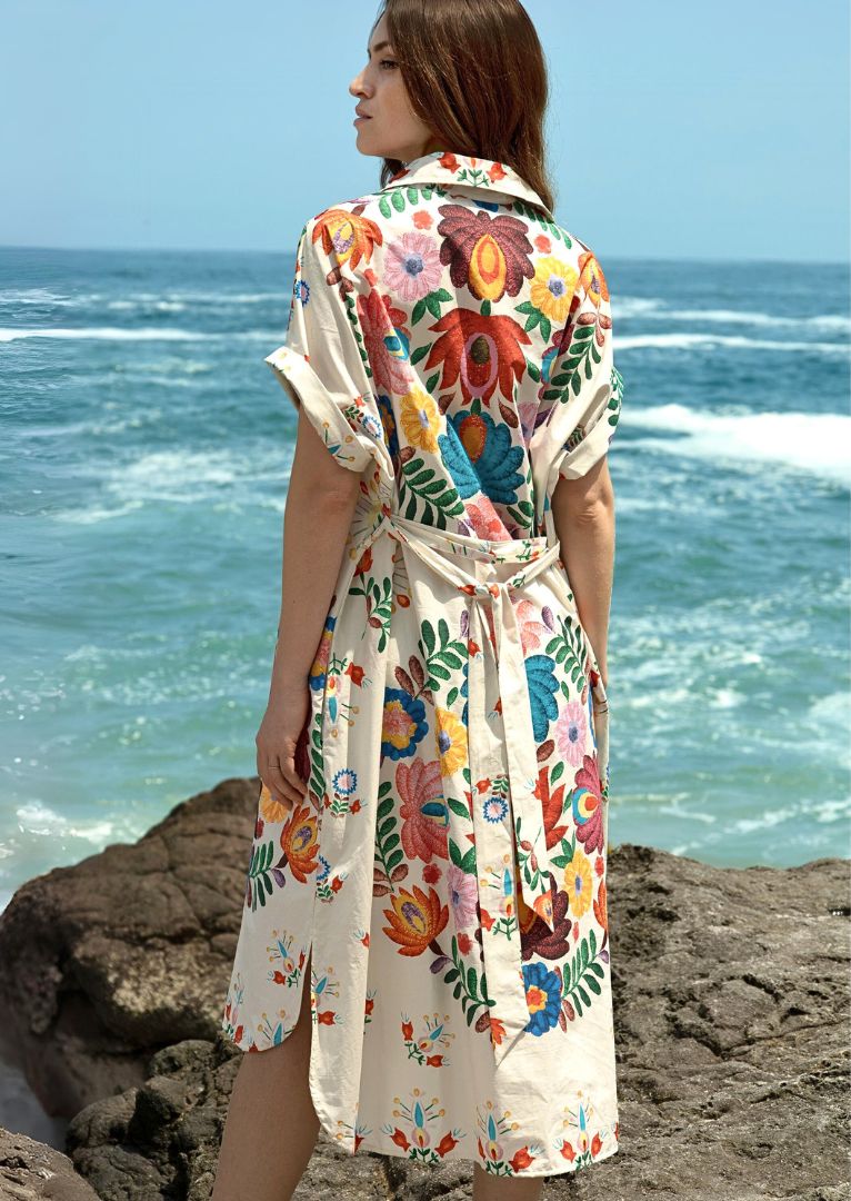 Zenara Woman Freya Multicolor Printed Cotton Shirt Dress with Belt-Midi Dresses-Zenara-Deja Nu Boutique, Women's Fashion Boutique in Lampasas, Texas