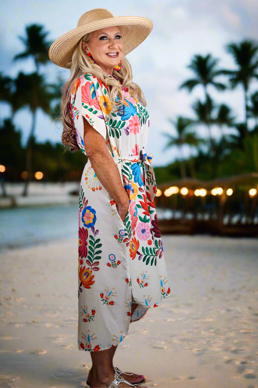 Zenara Woman Freya Multicolor Printed Cotton Shirt Dress with Belt-Midi Dresses-Zenara-Deja Nu Boutique, Women's Fashion Boutique in Lampasas, Texas