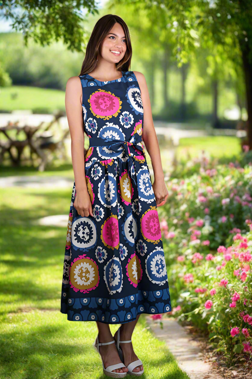 Zenara Woman Navy Multi-Print Belted Tank Dress-dress-Zenara-Deja Nu Boutique, Women's Fashion Boutique in Lampasas, Texas