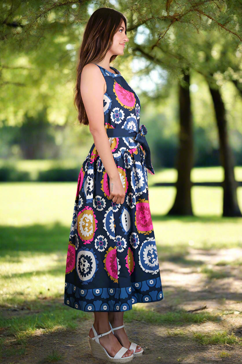 Zenara Woman Navy Multi-Print Belted Tank Dress-dress-Zenara-Deja Nu Boutique, Women's Fashion Boutique in Lampasas, Texas