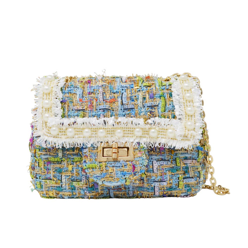 Tiny Treats and ZOMI GEMS Classic Tweed Blue Handbag with Pearls-Kids Handbag-Tiny Treats and ZOMI GEMS-Deja Nu Boutique, Women's Fashion Boutique in Lampasas, Texas