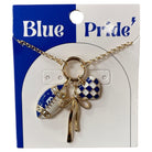 All That Glitterz gold-tone necklace featuring a blue and white football charm, checker heart charm, bow detail, and game day inspired styling.