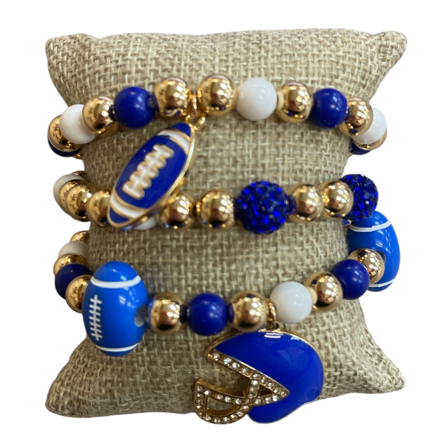 All That Glitterz Blue & White Multi Beaded Rhinestone Football Charm Bracelet Set-Bracelets-All That Glitterz-Deja Nu Boutique, Women's Fashion Boutique in Lampasas, Texas