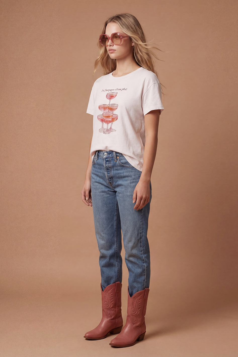 All Us Du Champagne Powder Pink Rhinestone Hi-Low Tee-T-Shirts-All Us-Deja Nu Boutique, Women's Fashion Boutique in Lampasas, Texas