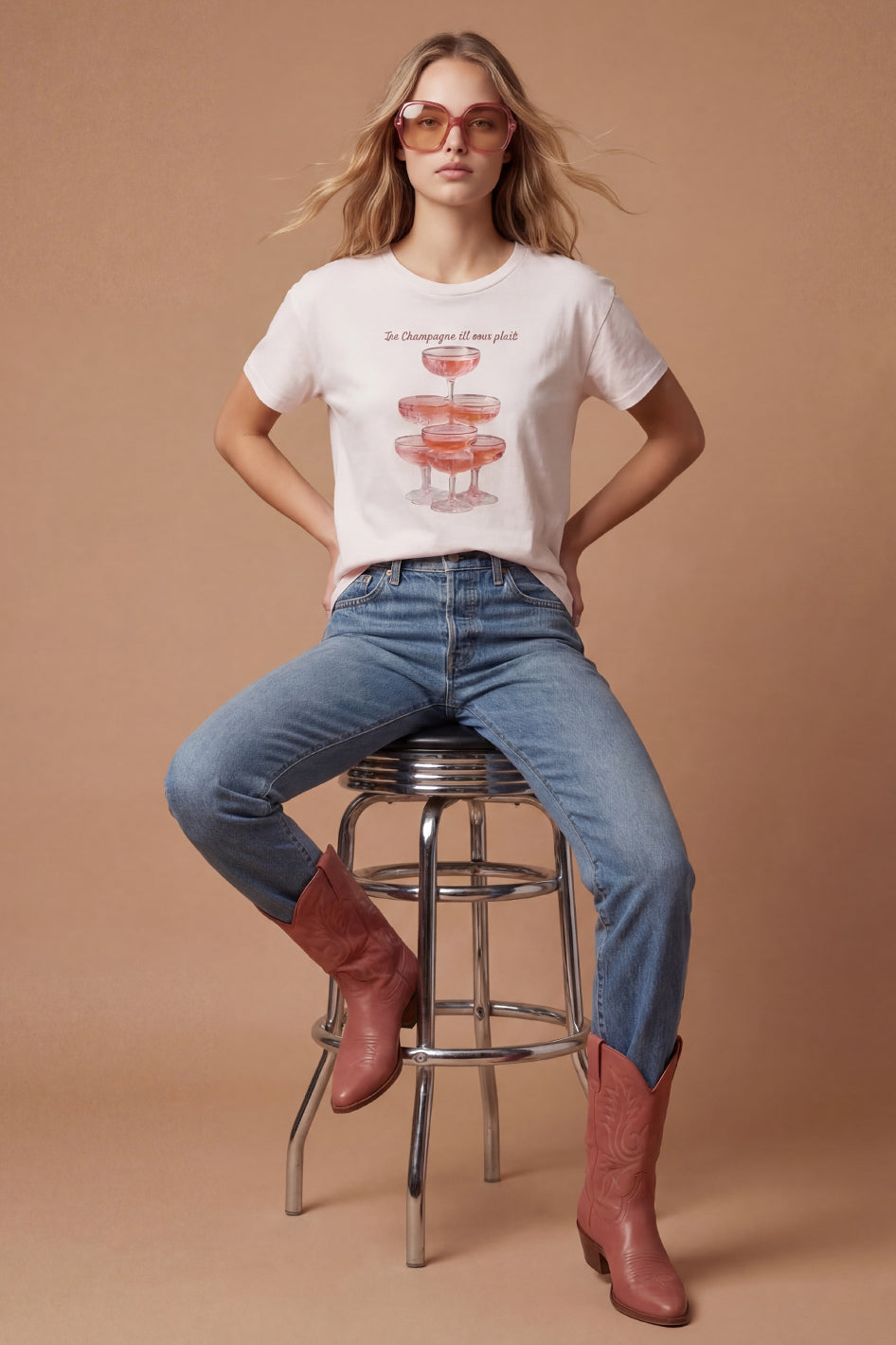 All Us Du Champagne Powder Pink Rhinestone Hi-Low Tee-T-Shirts-All Us-Deja Nu Boutique, Women's Fashion Boutique in Lampasas, Texas