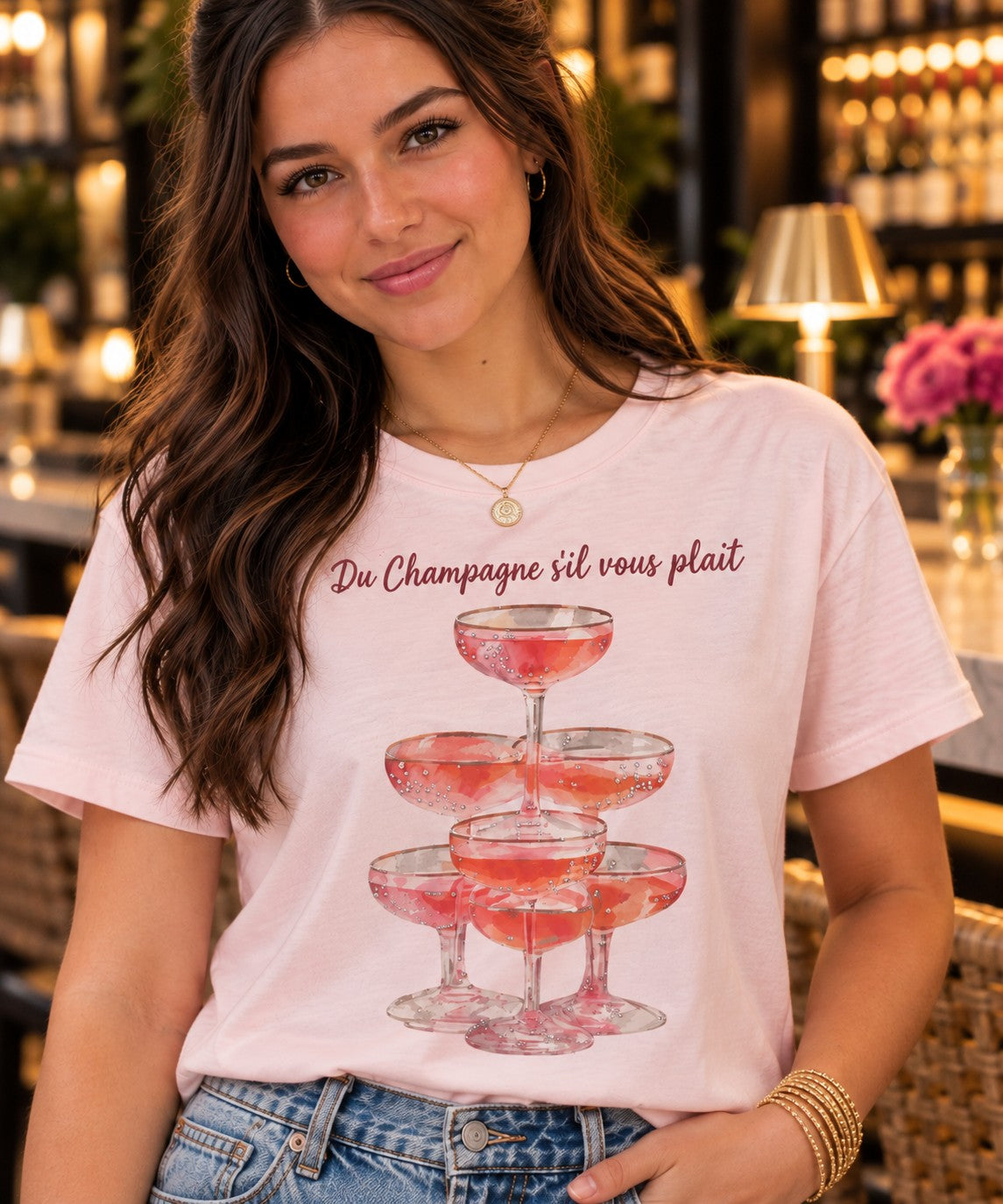 All Us Du Champagne Powder Pink Rhinestone Hi-Low Tee-T-Shirts-All Us-Deja Nu Boutique, Women's Fashion Boutique in Lampasas, Texas