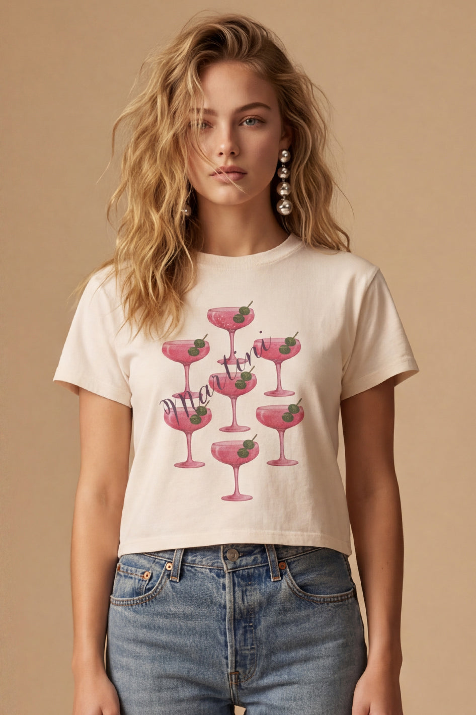 All Us Martini Wall Rhinestone Wide Boy Tee in Natural-Graphic Tees-All Us-Deja Nu Boutique, Women's Fashion Boutique in Lampasas, Texas