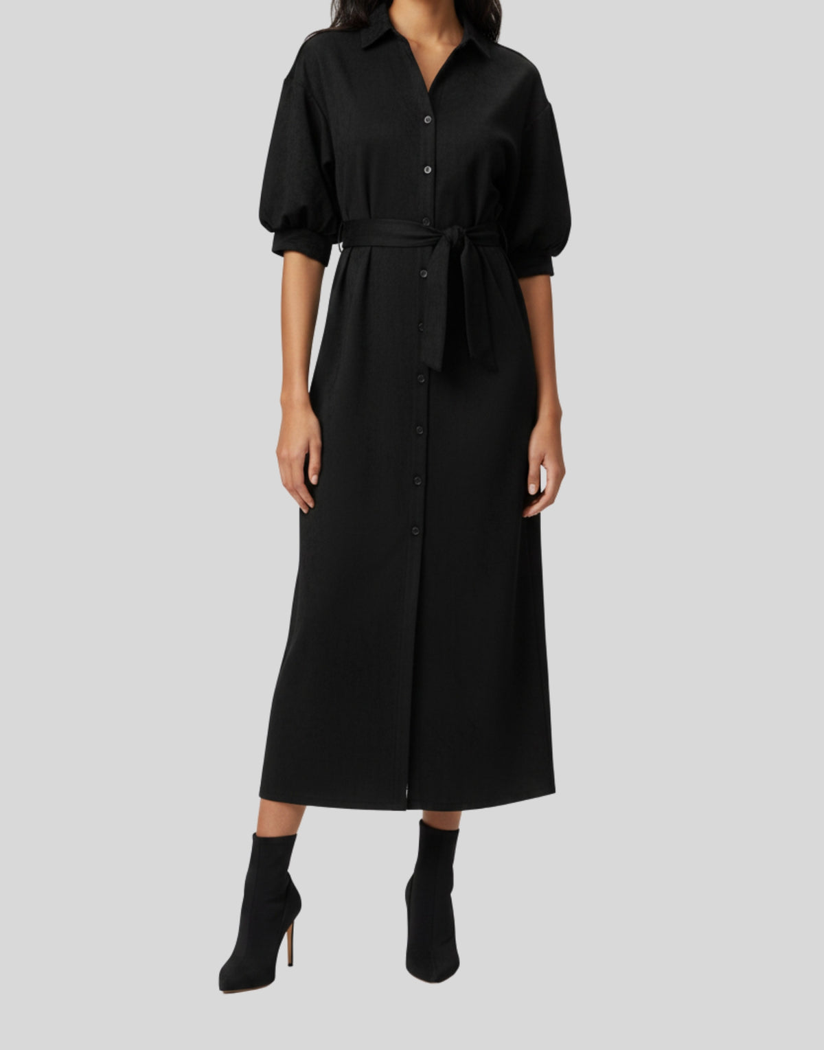 APNY Belted Puff Sleeve Shirtdress in Black-Midi Dresses-APNY-Deja Nu Boutique, Women's Fashion Boutique in Lampasas, Texas