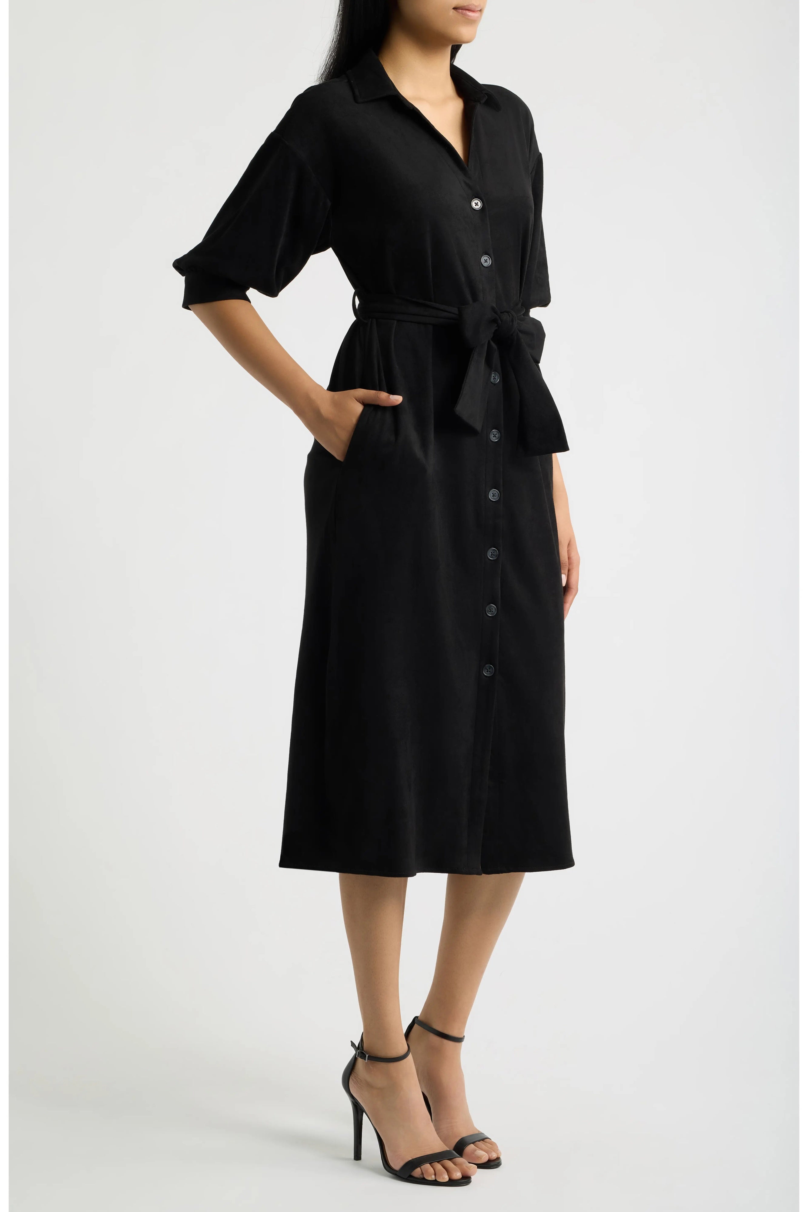 APNY Belted Puff Sleeve Shirtdress in Black-Midi Dresses-APNY-Deja Nu Boutique, Women's Fashion Boutique in Lampasas, Texas