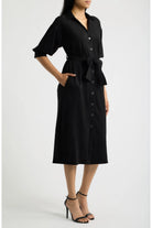 APNY Belted Puff Sleeve Shirtdress in Black-Midi Dresses-APNY-Deja Nu Boutique, Women's Fashion Boutique in Lampasas, Texas