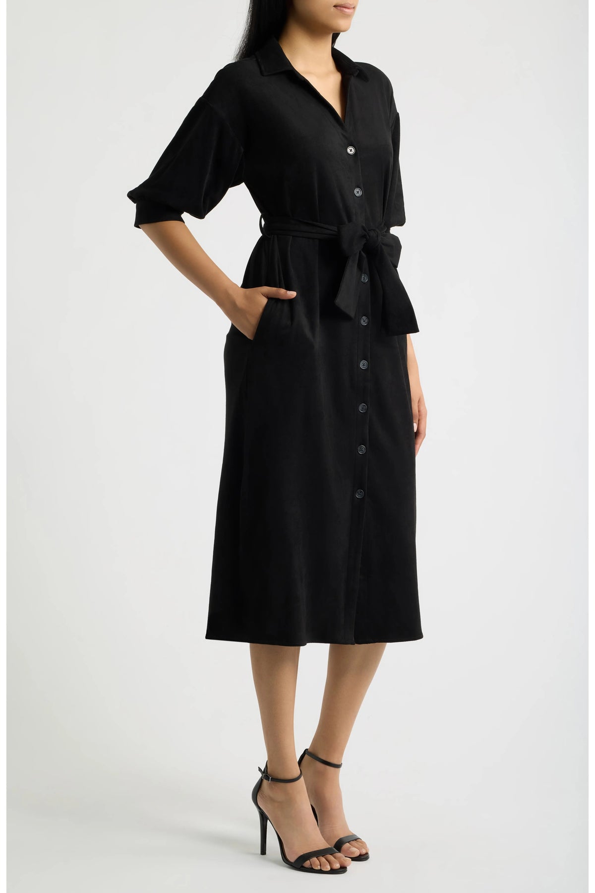APNY Belted Puff Sleeve Shirtdress in Black-Midi Dresses-APNY-Deja Nu Boutique, Women's Fashion Boutique in Lampasas, Texas