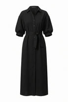 APNY Belted Puff Sleeve Shirtdress in Black-Midi Dresses-APNY-Deja Nu Boutique, Women's Fashion Boutique in Lampasas, Texas