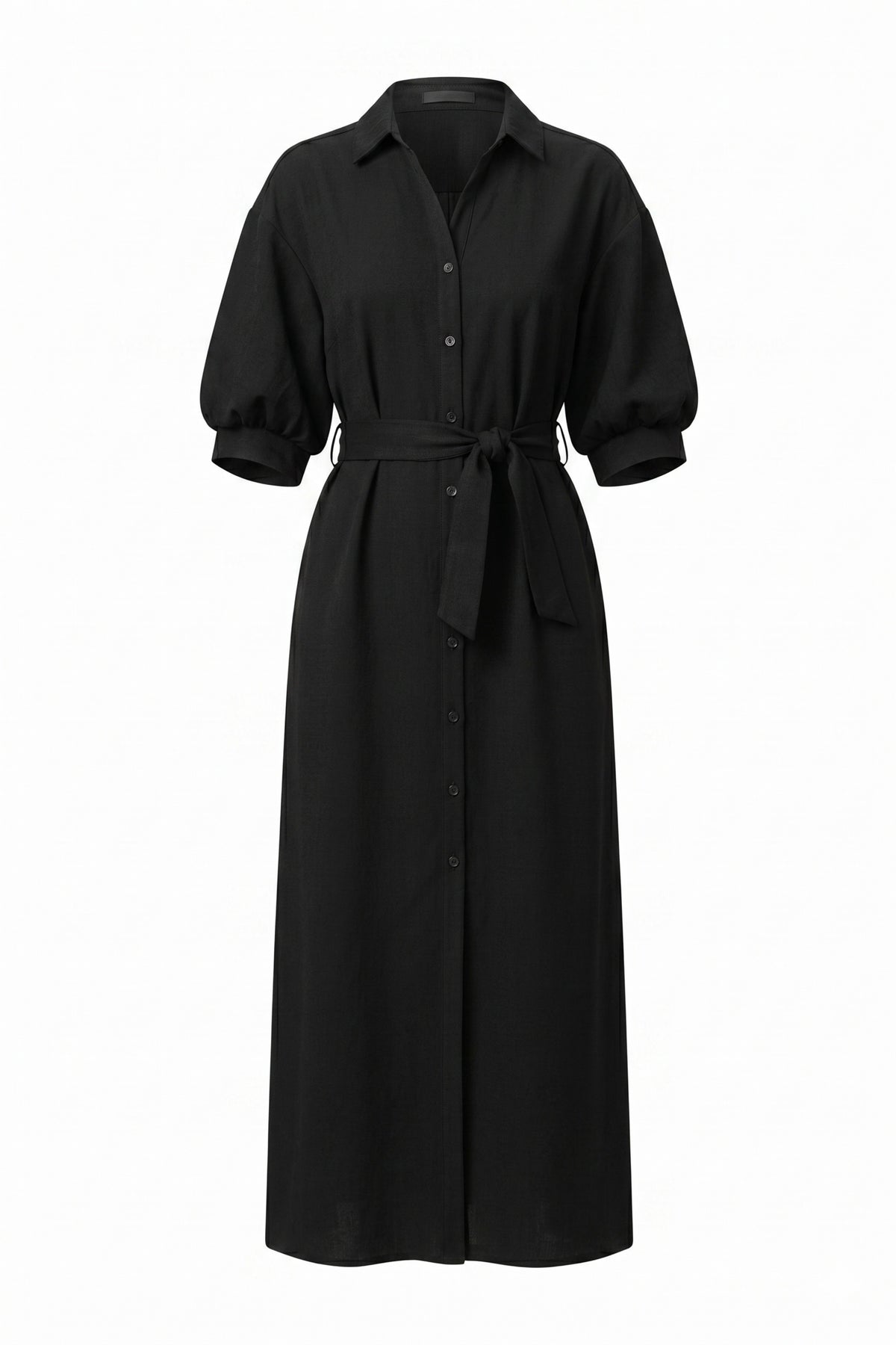APNY Belted Puff Sleeve Shirtdress in Black-Midi Dresses-APNY-Deja Nu Boutique, Women's Fashion Boutique in Lampasas, Texas
