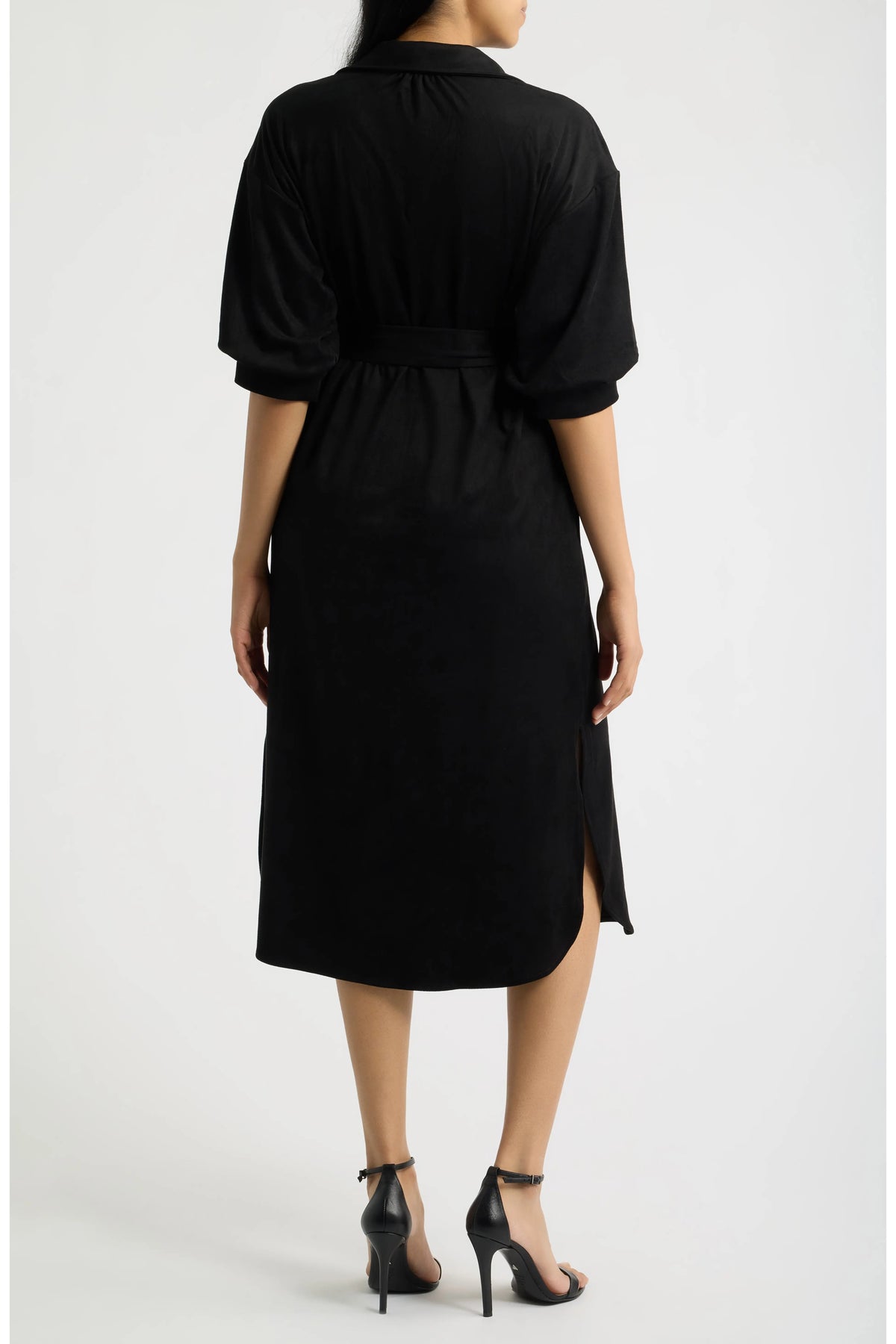 APNY Belted Puff Sleeve Shirtdress in Black-Midi Dresses-APNY-Deja Nu Boutique, Women's Fashion Boutique in Lampasas, Texas