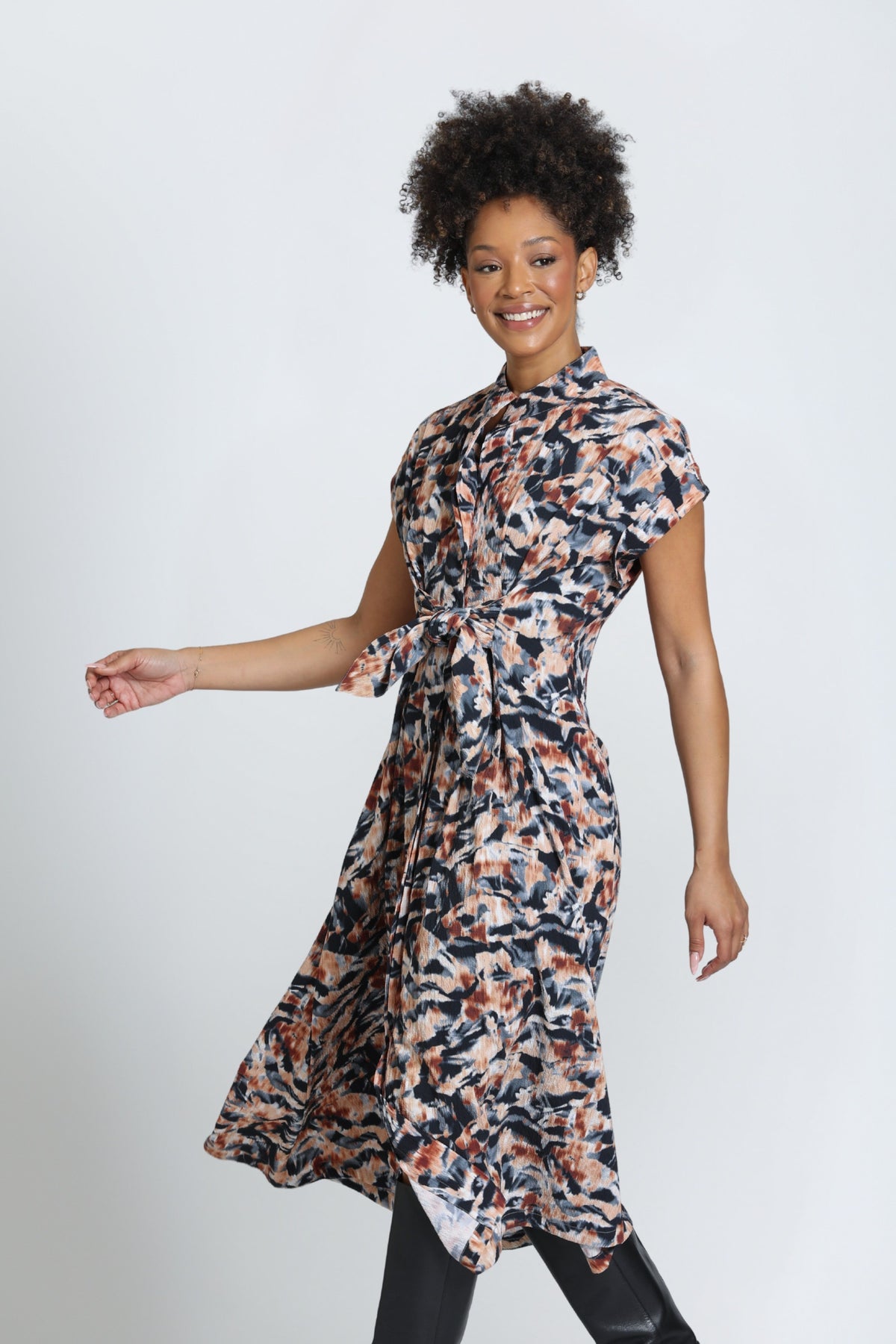 APNY Tie Front Midi Dress in Carbon & Copper Glow-Midi Dresses-APNY-Deja Nu Boutique, Women's Fashion Boutique in Lampasas, Texas