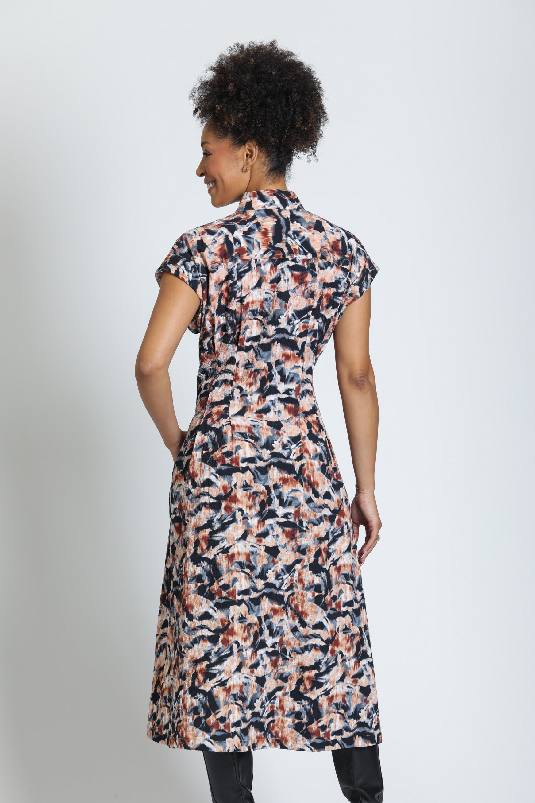 APNY Tie Front Midi Dress in Carbon & Copper Glow-Midi Dresses-APNY-Deja Nu Boutique, Women's Fashion Boutique in Lampasas, Texas