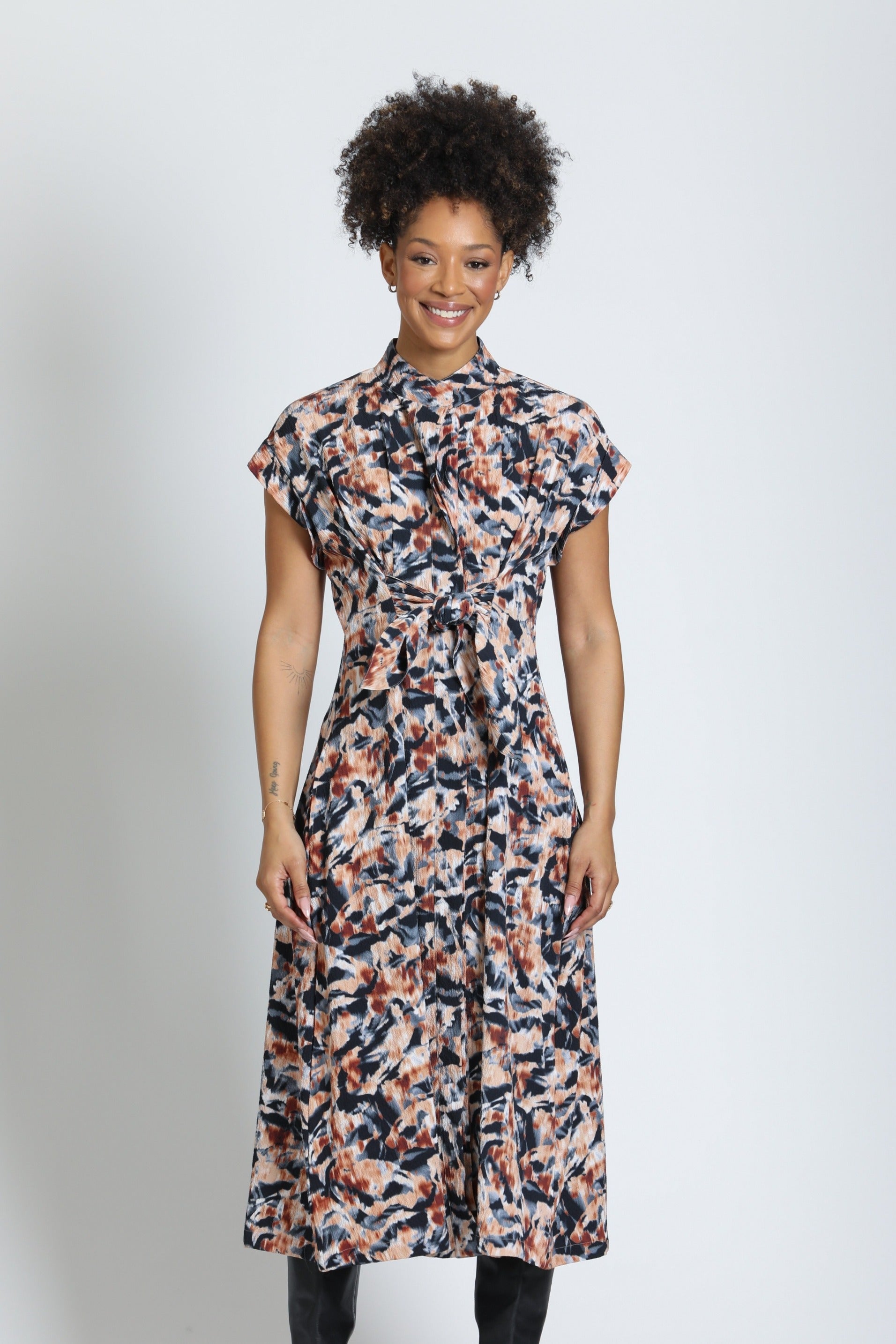 APNY Tie Front Midi Dress in Carbon & Copper Glow-Midi Dresses-APNY-Deja Nu Boutique, Women's Fashion Boutique in Lampasas, Texas