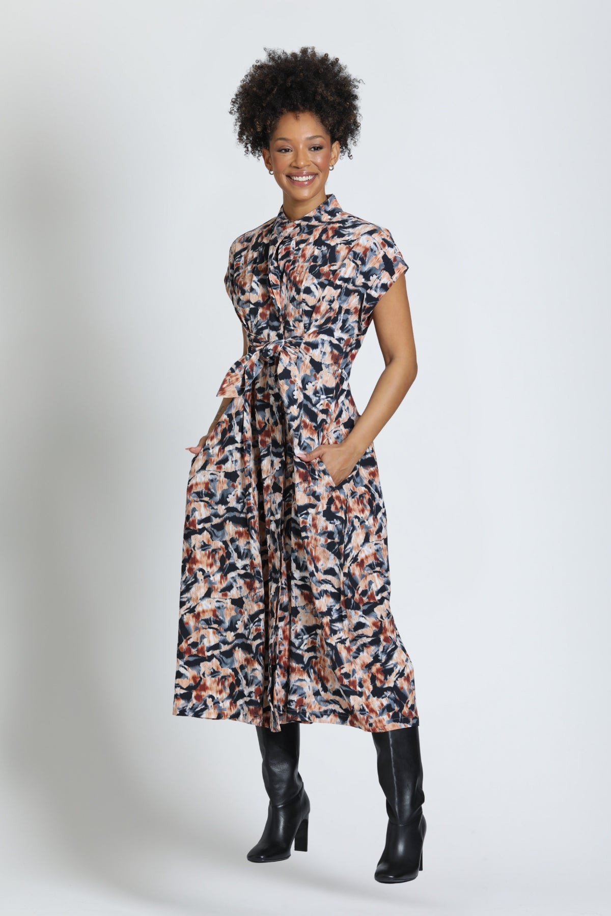 APNY Tie Front Midi Dress in Carbon & Copper Glow-Midi Dresses-APNY-Deja Nu Boutique, Women's Fashion Boutique in Lampasas, Texas